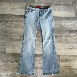 Vtg GLO Flare Jeans Size 5 28x30.5 Light Blue Denim Low Rise Y2K Pocket Bootcut